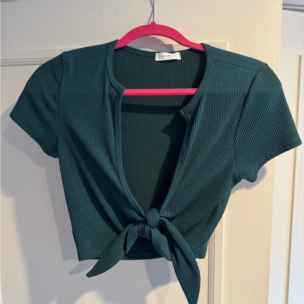 Teal Ribbed Tie-Front Crop Top